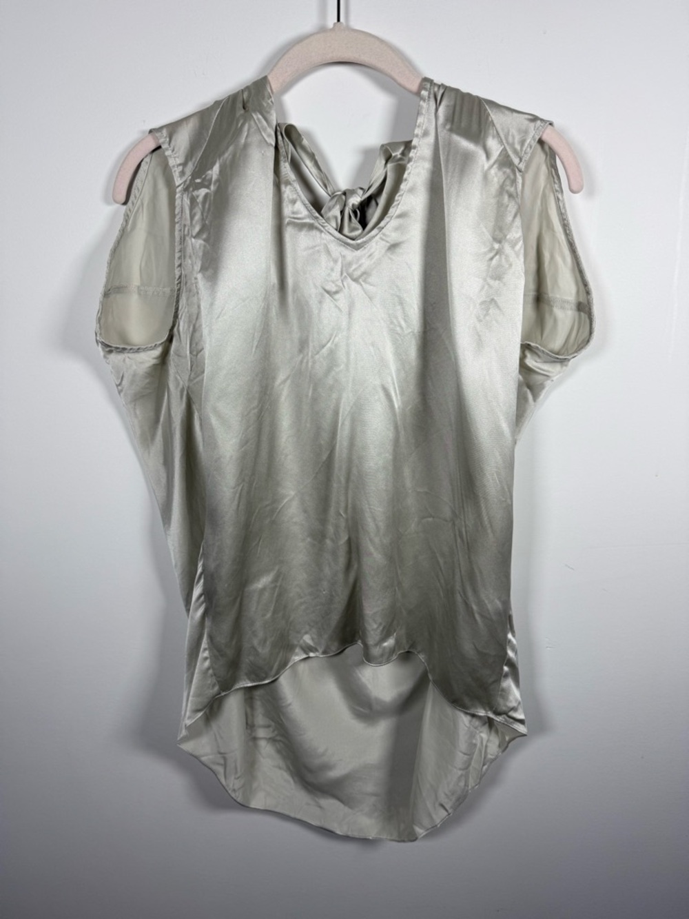 REBECCA TAYLOR | 100% Silk High Low Back Tie Silver Champagne Blouse Size 6